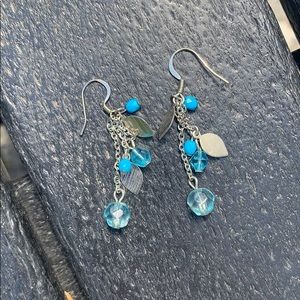Turquoise and silver leaves drop earrings